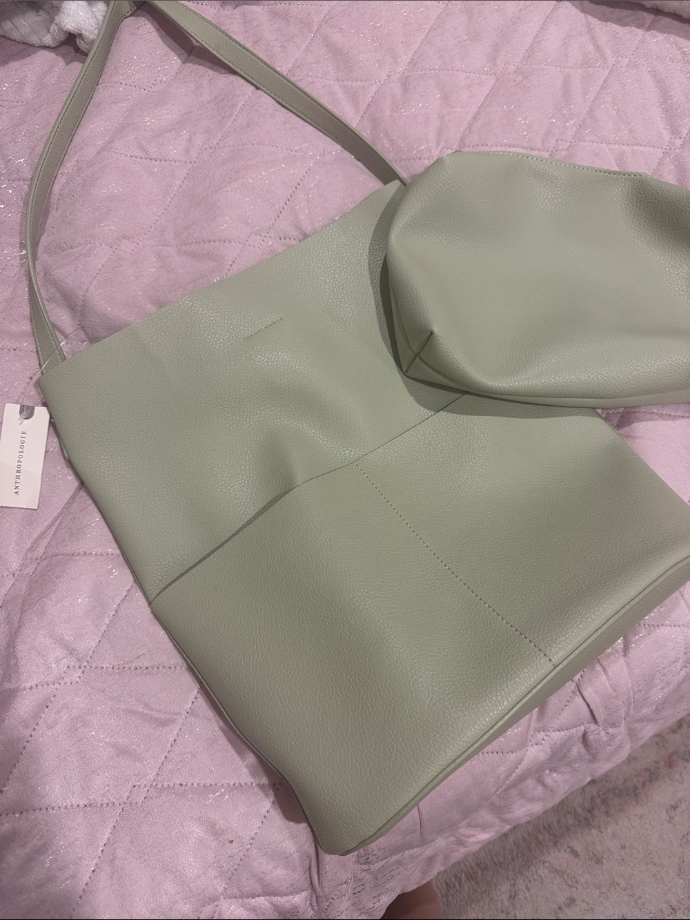 Anthropologie Light Sage Green Pebbled Shoulder Tote with Pouch